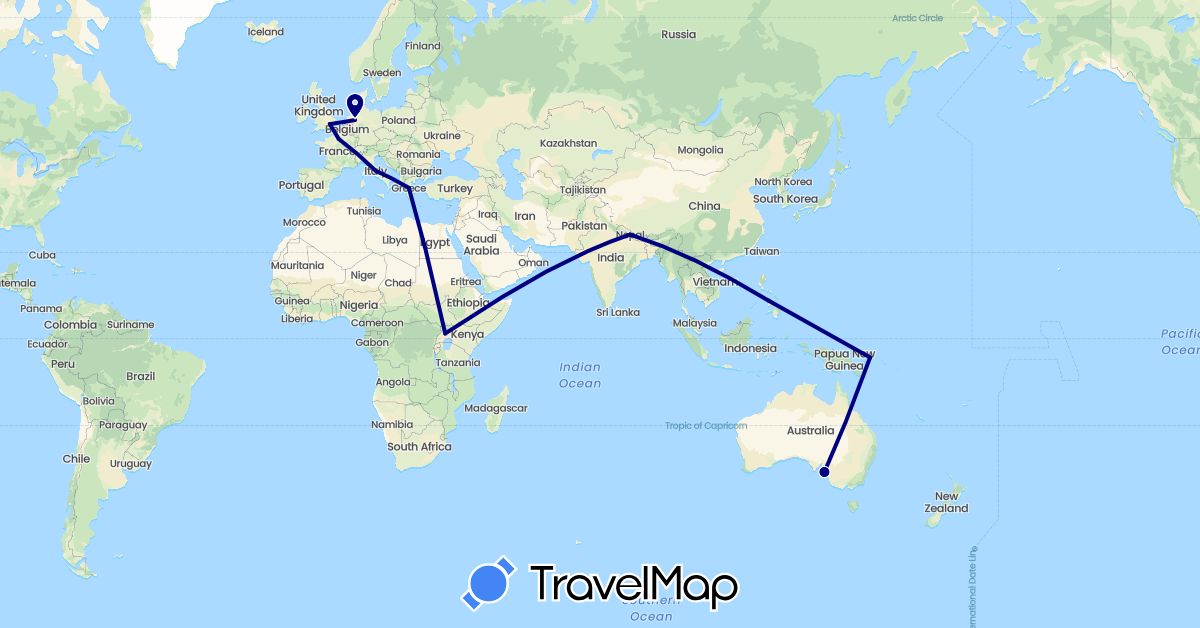 TravelMap itinerary: driving in Australia, France, United Kingdom, Greece, Italy, Netherlands, Nepal, Papua New Guinea, Philippines, Uganda (Africa, Asia, Europe, Oceania)